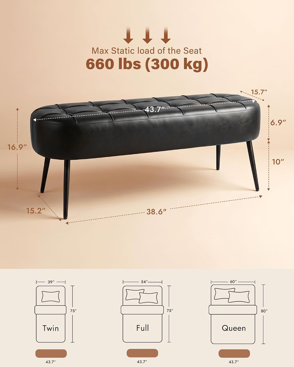 Entryway Bench, Modern PU Leather Upholstered End of Bed Bench Black | 43.7" Shoe Bench with Tufted Seat, 660 lb Capacity, Sturdy Metal Legs, Mid-Century Style, For Hallway, Living Room, Bedroom