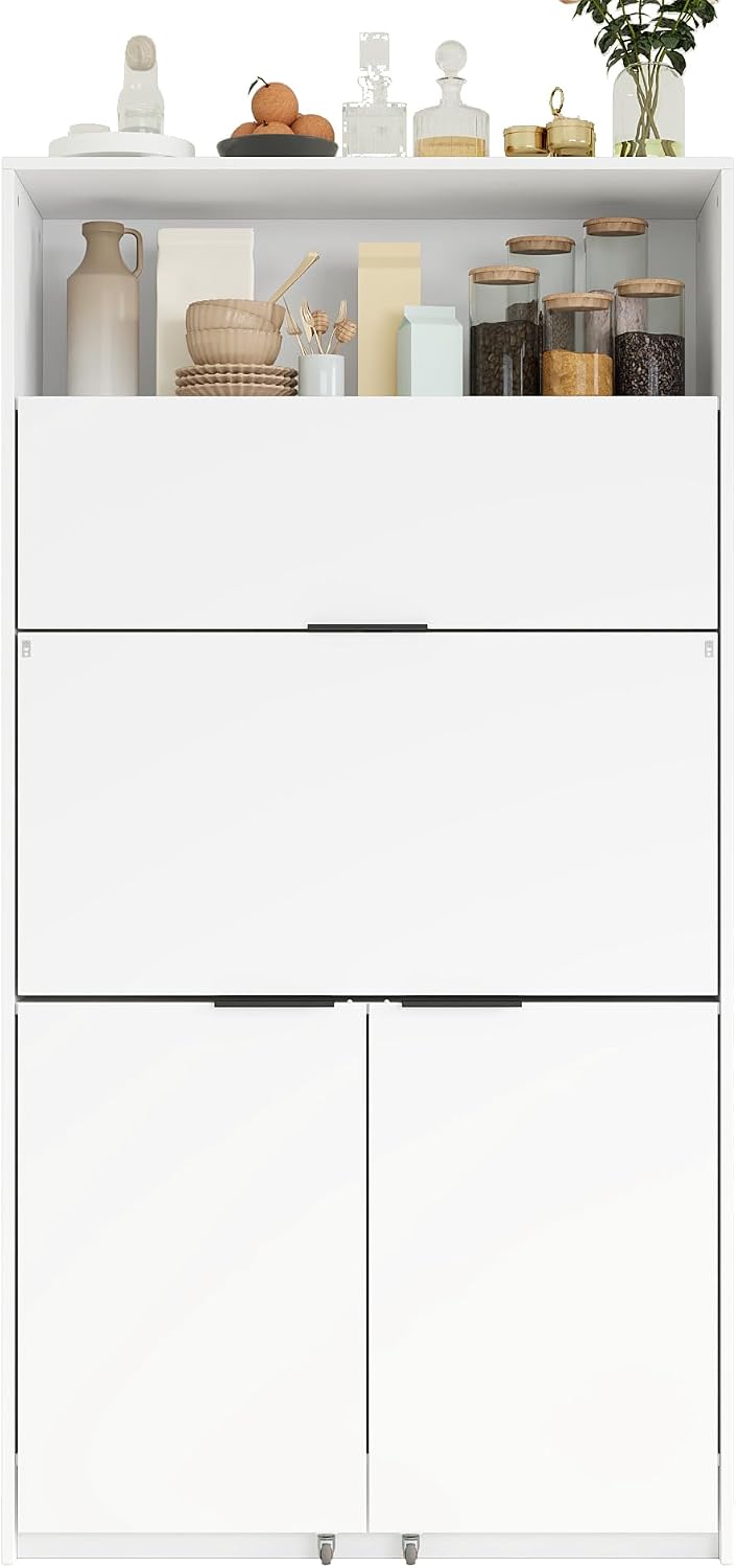 Tall Pantry Cabinet with Power Outlet, Multifunctional Cupboard with Adjustable Shelf, Hutch and Foldable Workstation for Dining Room, Living Room (White)