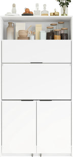 Tall Pantry Cabinet with Power Outlet, Multifunctional Cupboard with Adjustable Shelf, Hutch and Foldable Workstation for Dining Room, Living Room (White)