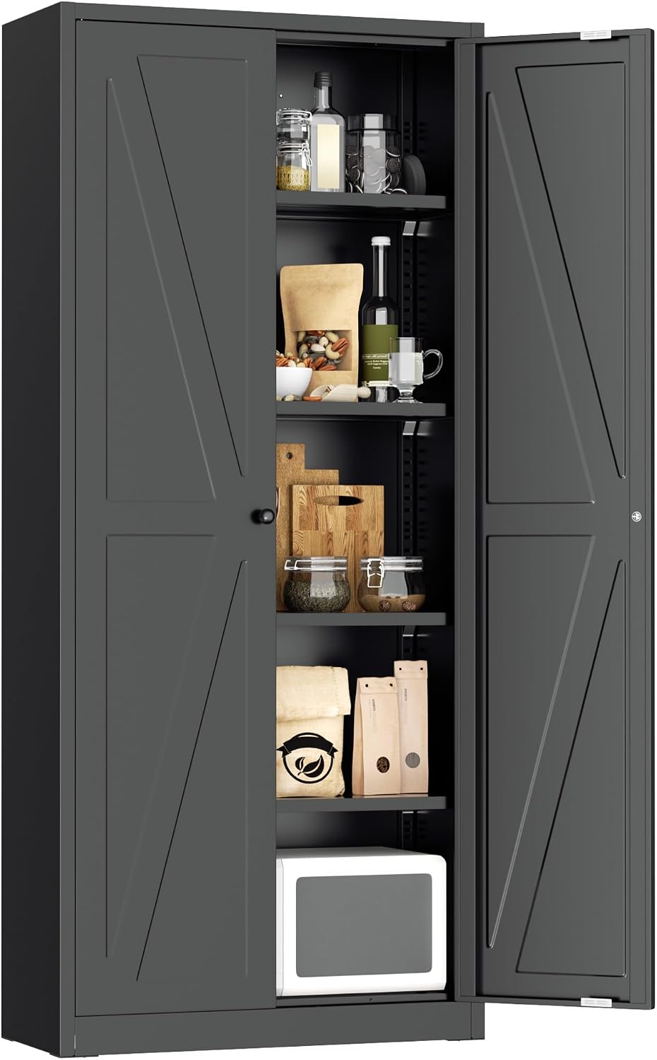 Greenvelly 63" H Black Farmhouse Metal Pantry Cabinet, Kitchen Pantry Storage Cabinets with 2 Doors and Adjustable Shelves, Kitchen Pantry Cabinets for Home, Garage and Bedroom