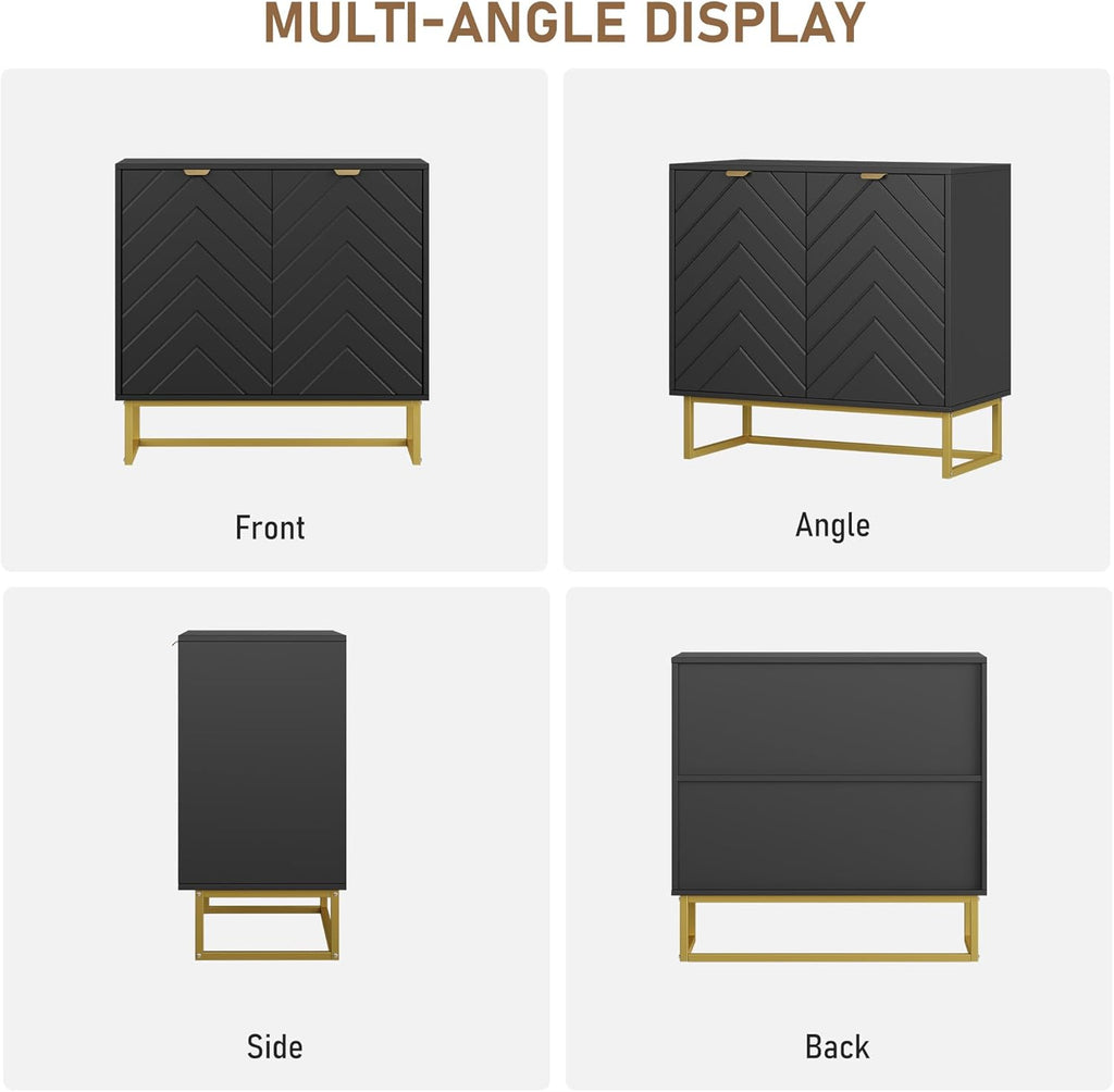 Garvee 31.5 in Modern Sideboard Buffet Cabinet with Storage, Wood Accent Storage Cabinet with Herringbone Doors & Shelf, Credenza Console Table for Dining Room Living Room Entryway, Black