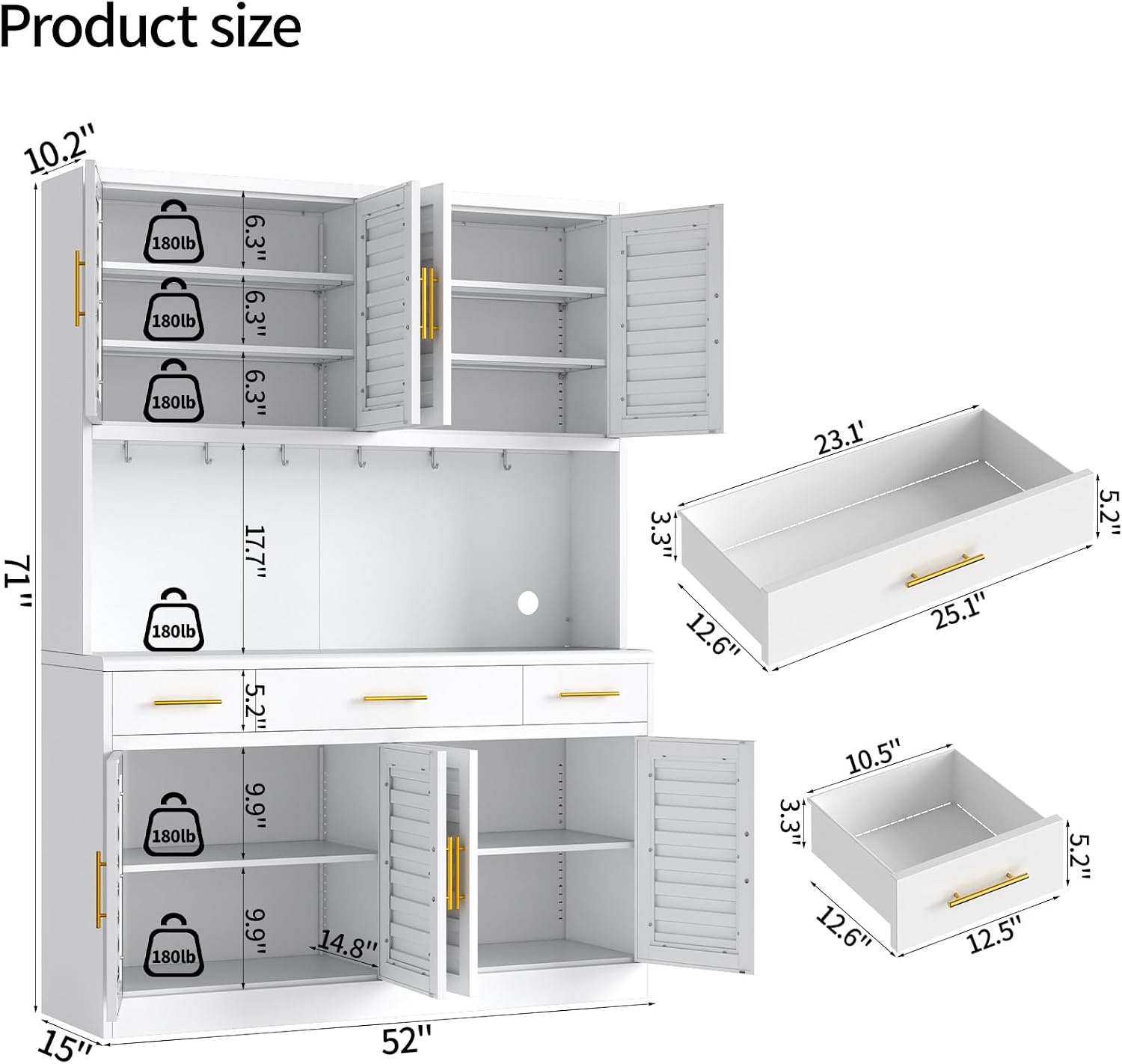 71" Tall Kitchen Pantry Cabinet, Metal Storage Cabinet, with 8 Doors & 6 Adjustable Shelves & 3 Drawer,Cupboard for Bathroom, Dinning Room, Kitchen, White