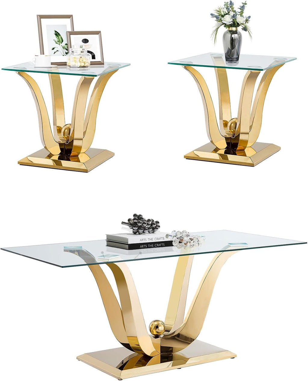 Modern Glass End Table Square Gold Living Room Table Sofa Side Table with 0.4" Tempered Glass Top & Geometric Stainless Steel Base,Luxury Clear Tempered Glass Small Bed Side Corner Table