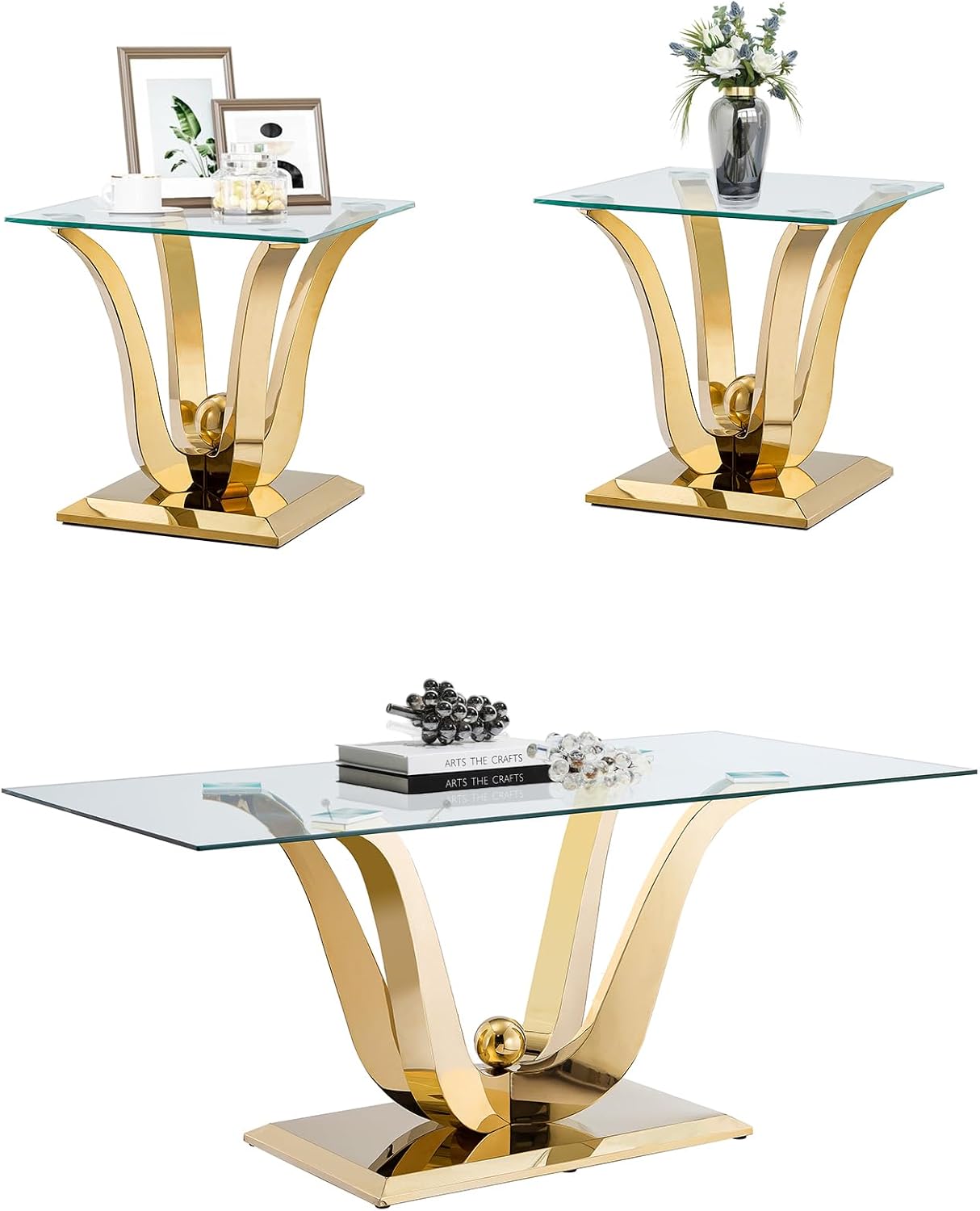 Modern Glass End Table Square Gold Living Room Table Sofa Side Table with 0.4" Tempered Glass Top & Geometric Stainless Steel Base,Luxury Clear Tempered Glass Small Bed Side Corner Table