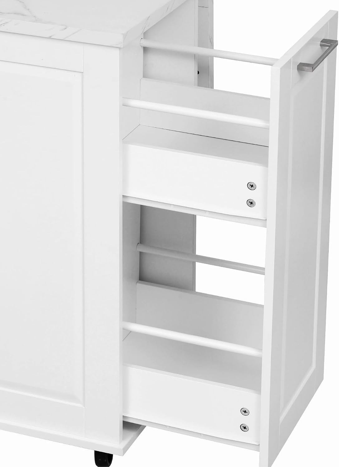 50.7" Kitchen Island with Trash Can Storage Cabinet & Drop Leaf | Island Table for Kitchen, White Faux Marble Top, Double-Tier Pull-Out Cabinet, Foldable Workspace, 5 Wheels