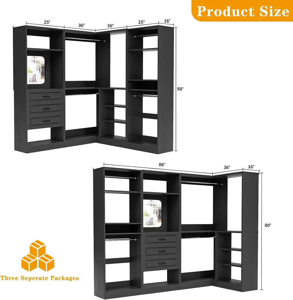 Unikito 86" Wood Modular Corner Closet System with Drawers & Mirror, Black | Freestanding wardrobe organizer with hanging rods and adjustable shelves, walk-in closet garment rack storage tower.