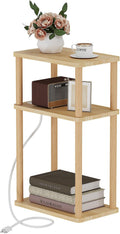 LUCKNOCK Solid Wood Side Table with Charging Station, 3-Tier Small End Table with USB Ports and Outlets, Narrow Couch Side Table, Skinny Nightstand Bedside Table for Small Spaces, Bedroom, Living Room