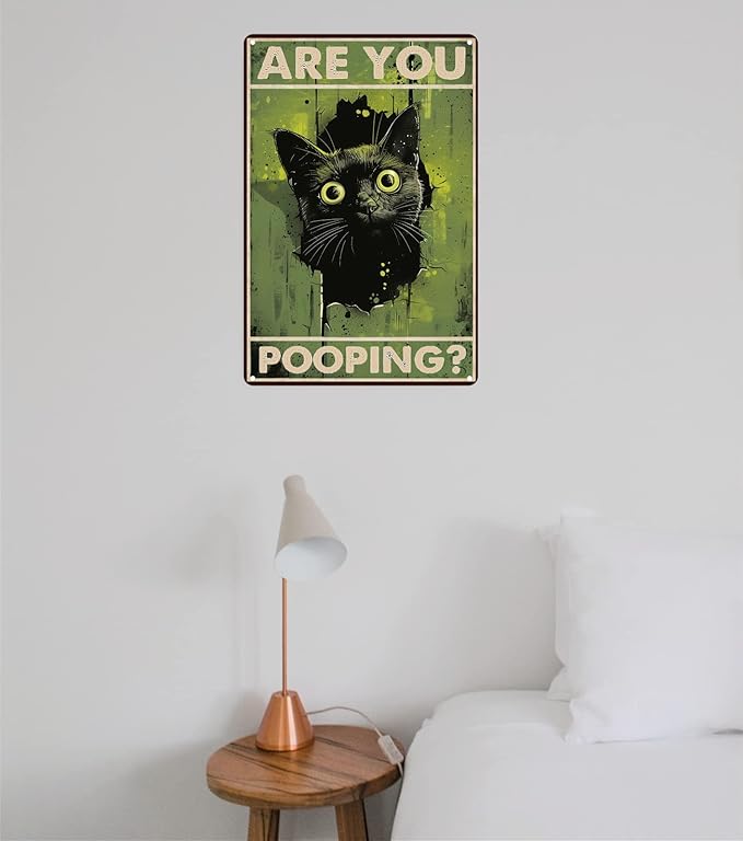 Funny Black Cat "Are You Pooping?" Tin Sign - Humorous Bathroom Wall Décor, 8x12 Inches, Vintage Metal Sign for Indoor & Outdoor Use, Cat Wall Art