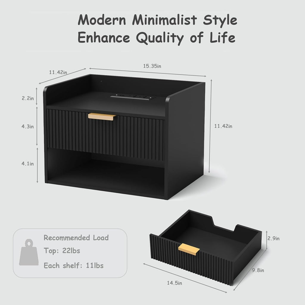 Arbuxzuy Floating Nightstand Set of 2 with Charging Station and Drawer | Modern Black Wall Mounted Bedside Table with Open Shelf, Minimalist Wooden Floating Night Stand for Bedroom Small Spaces