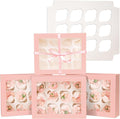Bakepacker Auto-pop up 12 Cupcake Containers 6-Packs Pink Cupcakes Carrier, 12 Cupcake Boxes with Window 13"x10"x3.5"