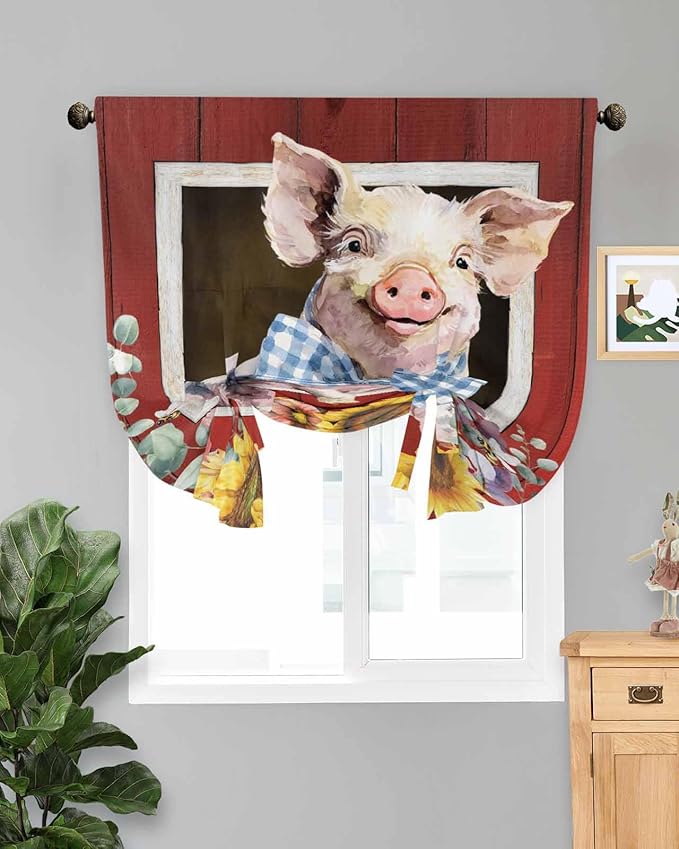 Tie Up Curtains for Windows, Pig Sunflowers Adjustable Balloon Nature Linen Textured Kitchen Curtain, Eucalyptus Leaves Floral Bees Red Barn Room Darkening Curtains for Glass Door, 42 x 45 in
