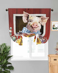 Tie Up Curtains for Windows, Pig Sunflowers Adjustable Balloon Nature Linen Textured Kitchen Curtain, Eucalyptus Leaves Floral Bees Red Barn Room Darkening Curtains for Glass Door, 42 x 45 in
