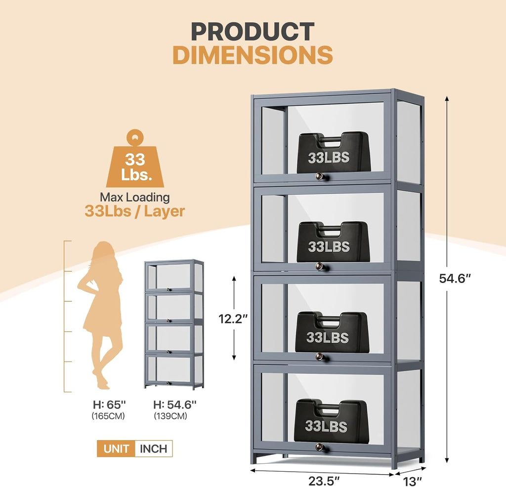 Magshion Display Cabinet, 4-Tier Curio Cabinet with Acrylic Doors | 55" Tall, 33Lbs per Shelf, Flip-up Door w/ Hidden Recess, for Collectibles, Living Room, Grey