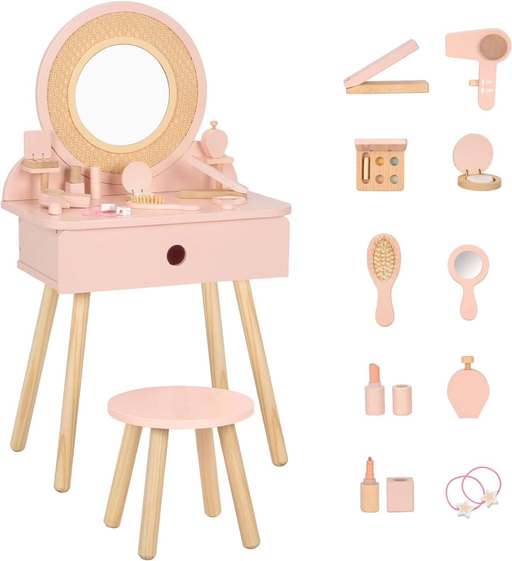 OOOK Toddler Vanity Set with 11pcs Accessories, Kids Vanity Table Chair Set | FSC Safety, Pink Pretend Makeup Toy with Straw Weaving Decor, Suitable for Girls Aged 3+