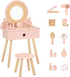 OOOK Toddler Vanity Set with 11pcs Accessories, Kids Vanity Table Chair Set | FSC Safety, Pink Pretend Makeup Toy with Straw Weaving Decor, Suitable for Girls Aged 3+