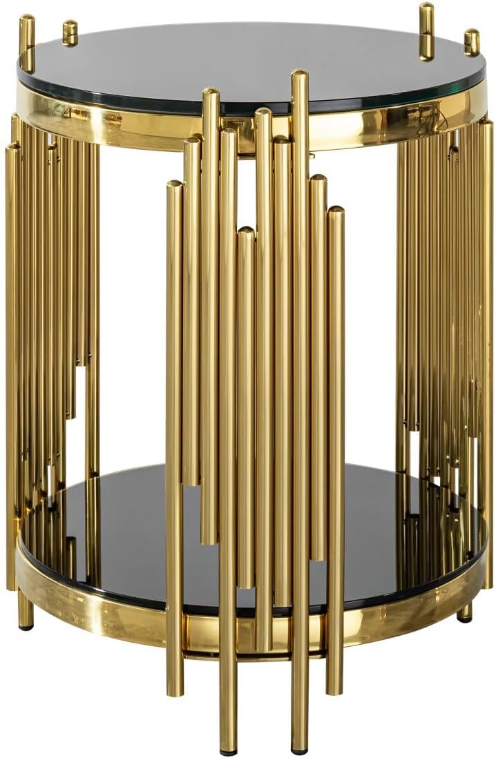17.72" Round Glass End Table Black, Modern Gold Living Room Table with Stainless Steel Irregular Leg, Small Sofa Side Tables Coffee Tables for Home Office, Black
