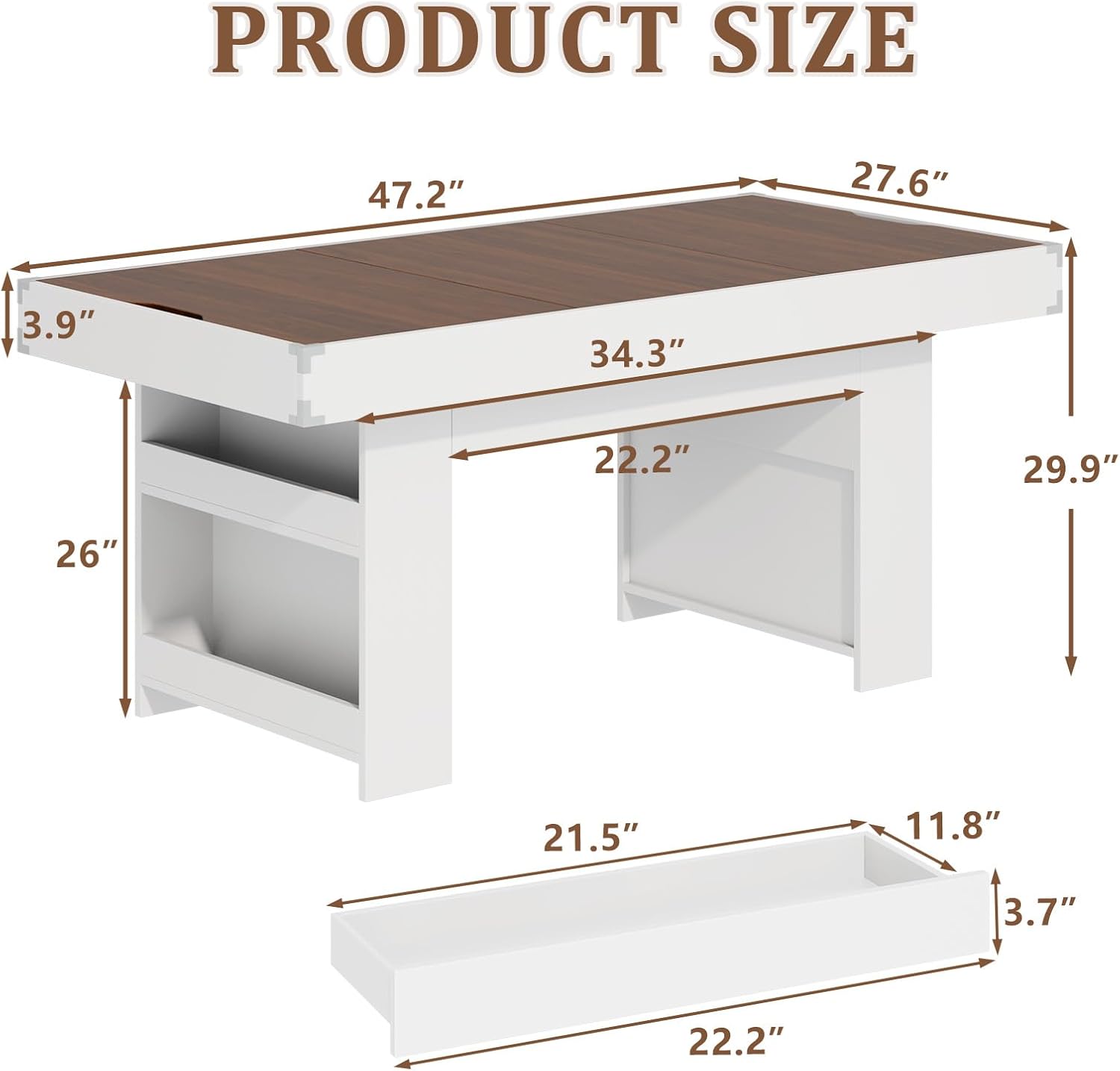 47″ Dining Table with Storage Shelf & Drawers,Multi-Functional Dining Game Table for 4–6-Removable Top, Space-Saving Convertible Design w/Hidden Storage, for Poker Card Games Family Meals
