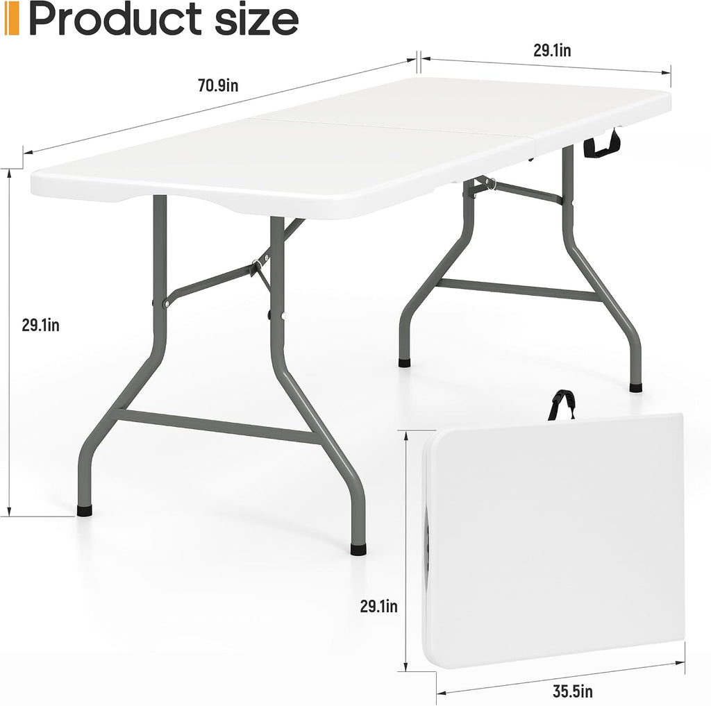 6ft Folding Table Heavy Duty 350 LBS Capacity Foldable Table with 18% Thicker HDPE Waterproof Top & Reinforced Steel Frame, Portable Fold-in-Half Table for Outdoor Indoor Party Wedding Camping