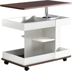 29.5" Adjustable End Table with Wheels, Modern Multifunctional Sofa Side Table with Lift-Top, 360°Rotating Top and Storage Space for Living Room, Small Space, Brown+White