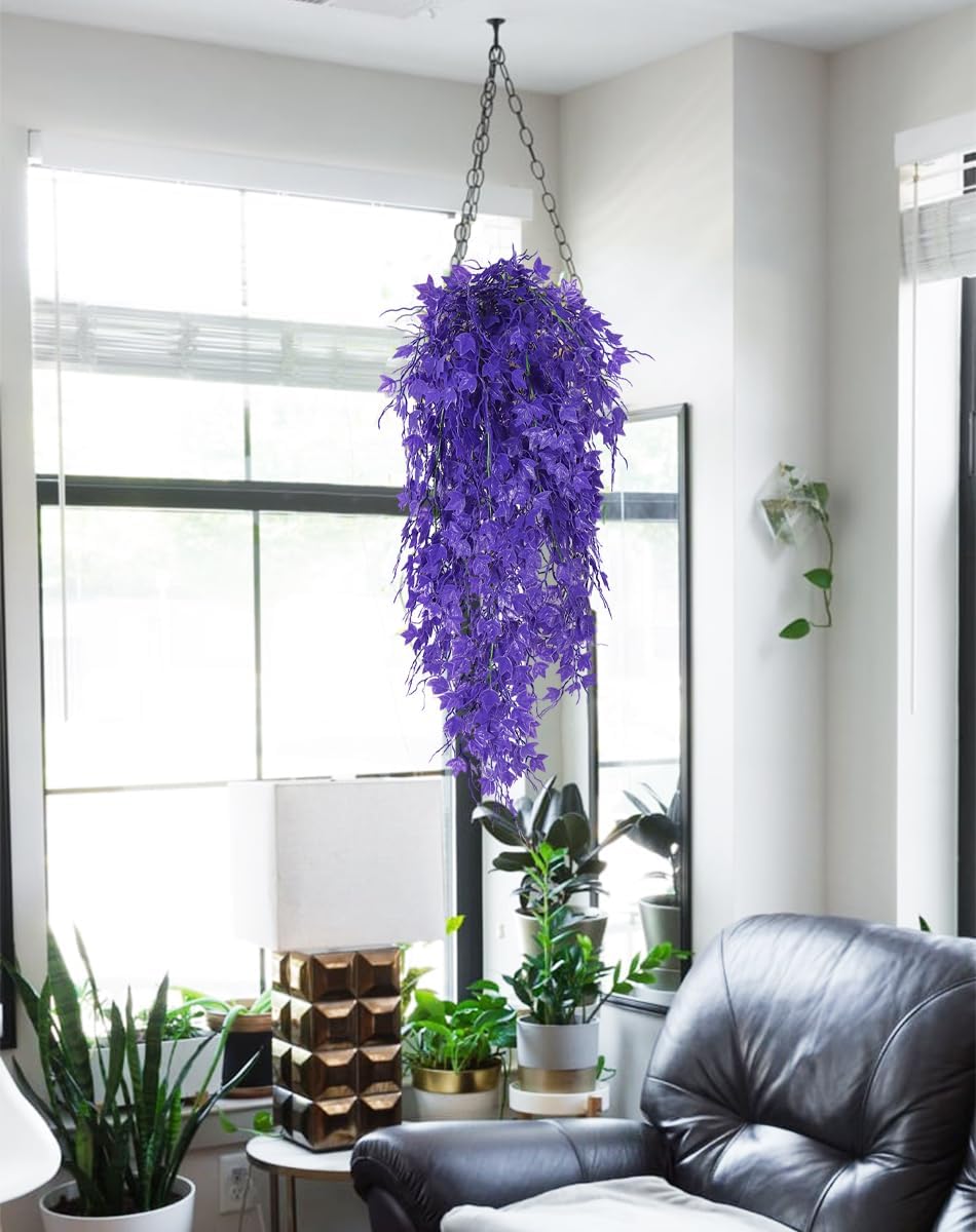 Fake Hanging Plants Fake Ivy Vine Artificial Ivy Leaves Artificial Hanging Plant Faux Plant Hanging Artificial Plants Outdoor Vines Decor for Home Room Yard Wall Garden Decoration(Pure Purple)