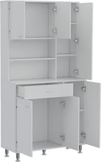 90 Kitchen Pantry Cabinet with Open Shelves, Drawer & Multiple Cabinets, White, Functional Storage for Kitchenware