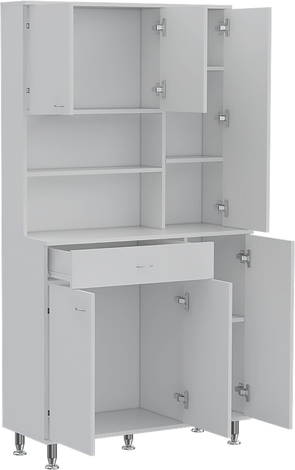 90 Kitchen Pantry Cabinet with Open Shelves, Drawer & Multiple Cabinets, White, Functional Storage for Kitchenware