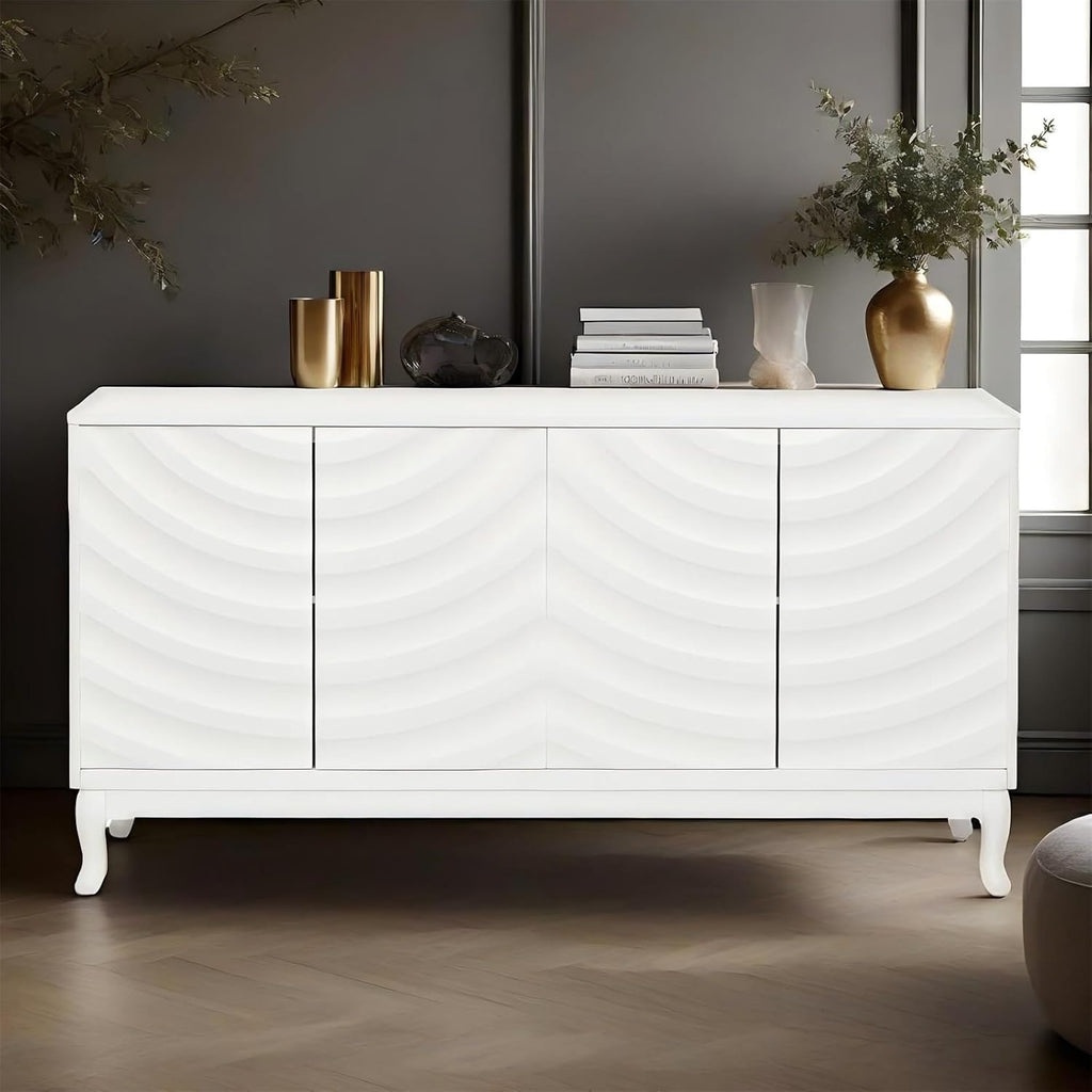 LKTART 59.84" Sideboard Buffet Storage Cabinet for Dining Room, Wavy Pattern Fluted Console Table Pressed Spring 4 Doors Cabinet Sideboard for Living Room Kitchen Hallway Entryway (White)