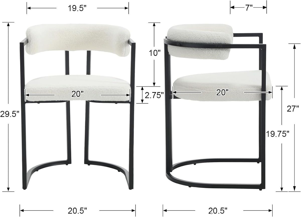 Barrel Dining Chairs Set of 2, White Boucle | Soft Boucle Upholstered Modern Dining Chairs, Ergonomic Curved Backrest, Black Metal Frame, Armchair, Kitchen Living Room