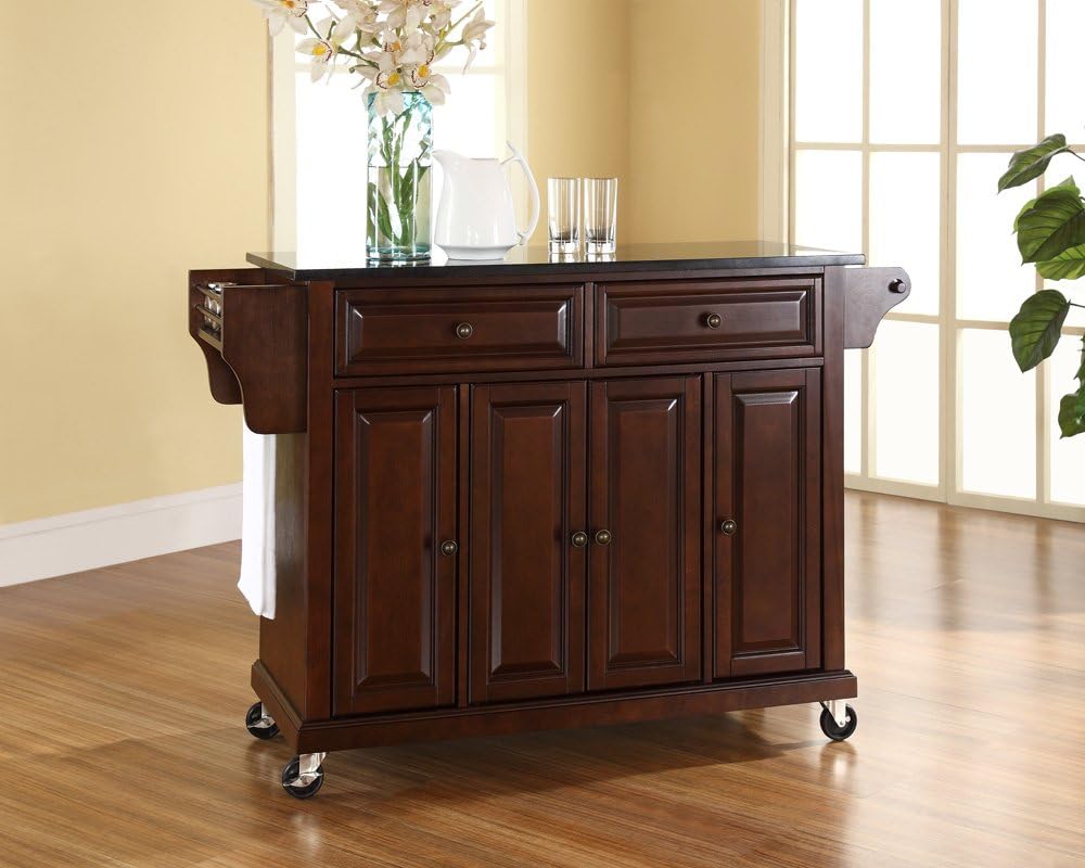 Crosley Furniture Full Size Granite Top Rolling Kitchen Island Storage Cart, Microwave Stand, Spice Rack, Mahogany