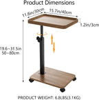 End Table, Adjustable Height Side Table, 360° Rotating MDF Veneer Sofa Side Table with Lockable Wheels, C-Shaped TV Tray Table for Living Room Bedroom (Walnut Brown)