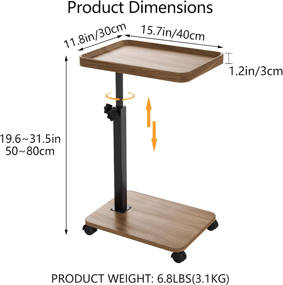 End Table, Adjustable Height Side Table, 360° Rotating MDF Veneer Sofa Side Table with Lockable Wheels, C-Shaped TV Tray Table for Living Room Bedroom (Walnut Brown)