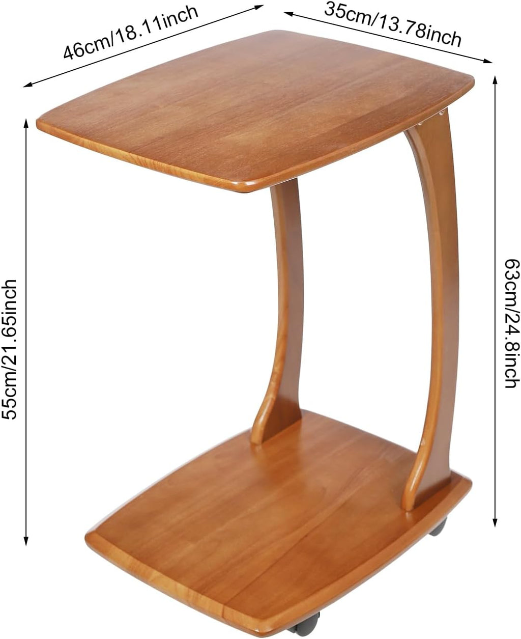 C Shaped Side Table for Couch, Solid Wood End Table with Rolling Wheels, Sofa Table That Slide Under for Small Space Living Room, Bedroom Laptop Work Desk (Walnut)