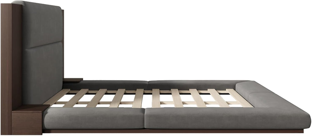 SOFTSEA King Size Floor Platform Bed Frame, Upholstered Floor Bed with Extended Headboard & Bedside Shelf, Velvet Fabric Grounded Bed Frame King Size for Bedroom, No Box Spring Needed, Gray
