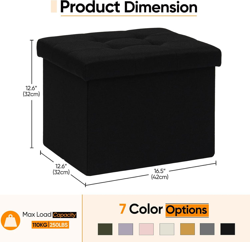Folding Storage Ottoman, 16.5" Rectangular Footstool with Padded Tufted Lid, Collapsible Storage Footrest for Small Space, Living Room, Bedroom, Dorm, Black