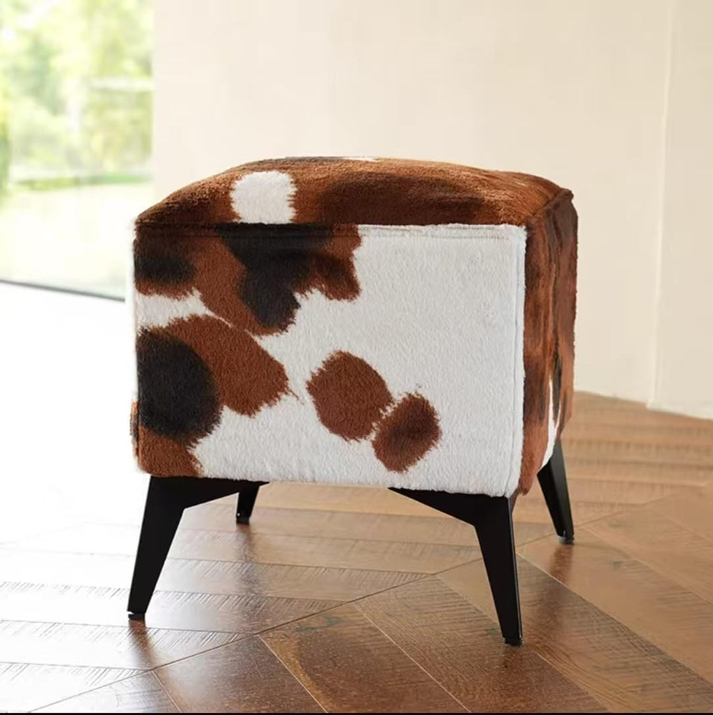 Faux Cowhide Ottoman, Upholstered Foot Stool - 16 x 16 x 17 Inches, Cube Footrest with Solid Metal Legs for Living Room, Bedroom & Entryway(Brown)