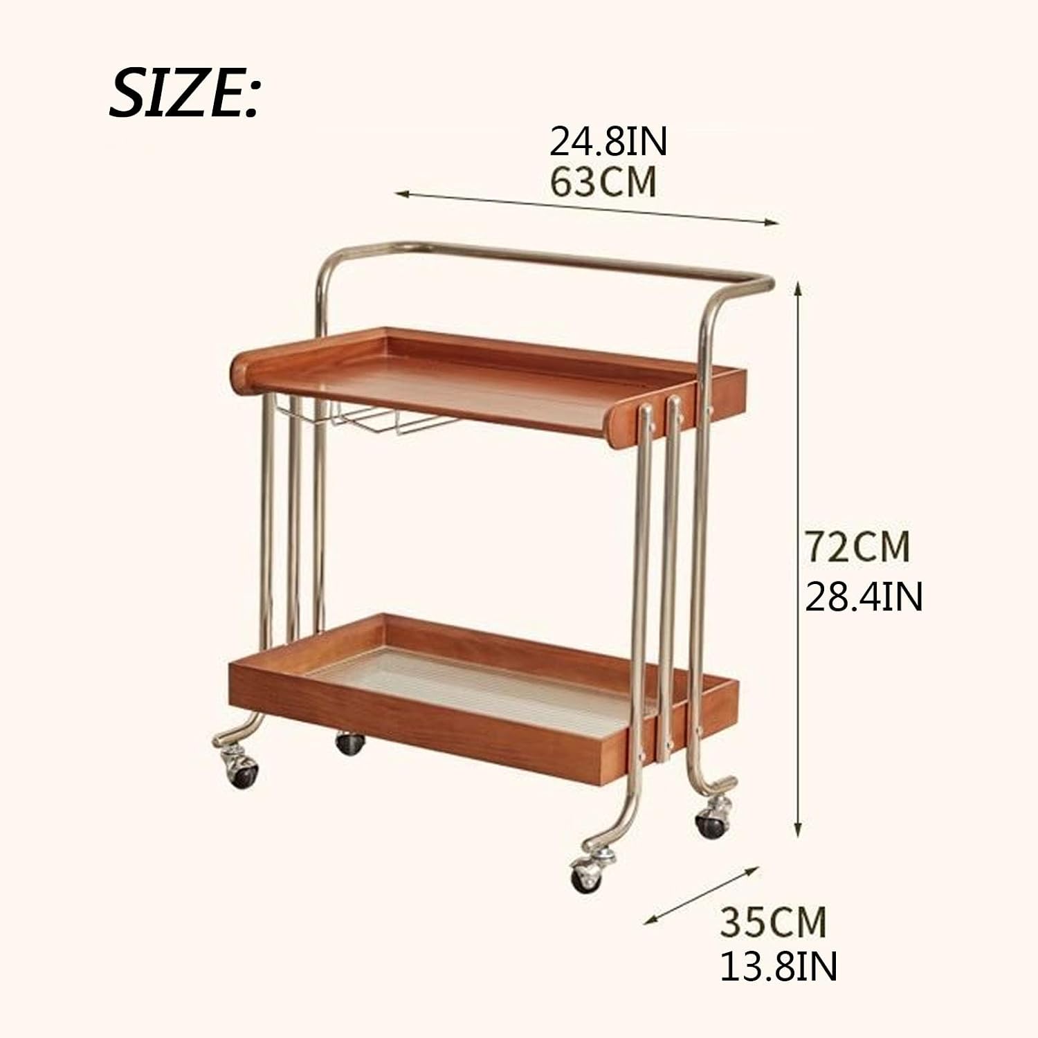 Solid Wood Tv Tray Side Tables with Tempered Glass and Metal Frame,Small Snack End Table with 2-Tier Storage,Modern Rolling Trolley Side Table for Couch,Antique