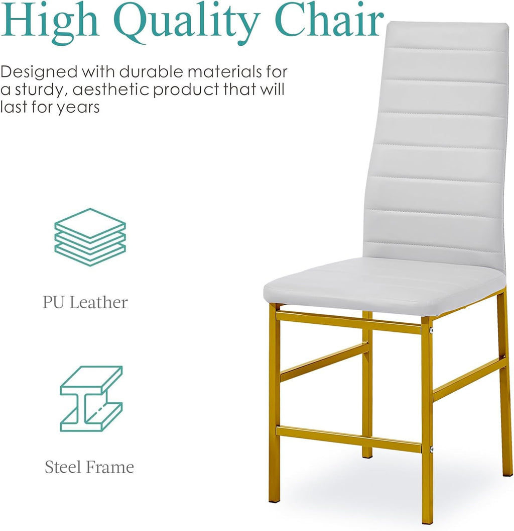 Dining Chairs Set of 4 Kitchen Chairs Armless Side Chair for Livign Room Dinner Chairs Set of 4 with Metal Frame and Legs (White/Gold Pro)