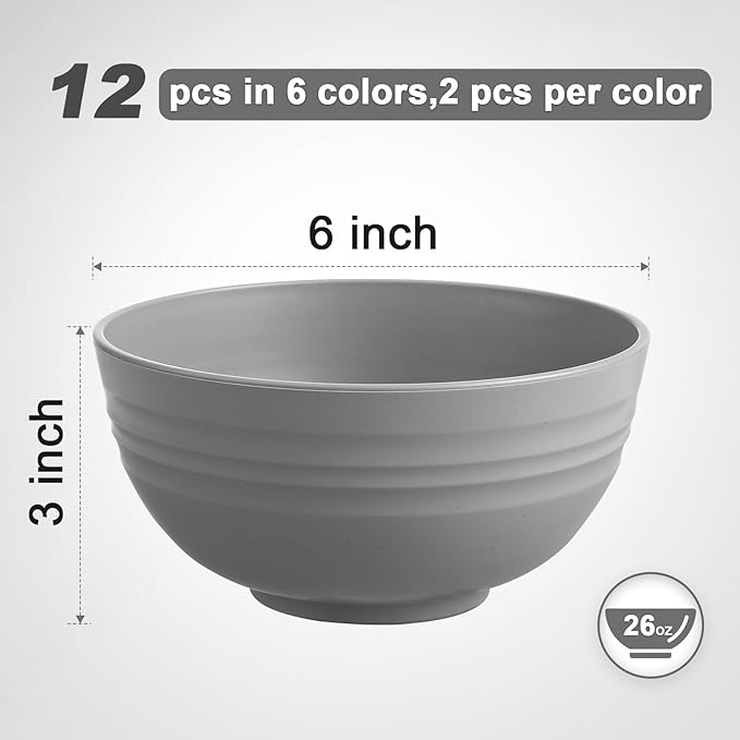 12 Pcs Unbreakable Cereal Bowls Set, 26 Oz Wheat Straw Bowls Set, Microwave & Dishwasher Safe Bowls for Kitchen, Reusable Plastic Bowls for Soup, Salad and Snack, BPA Free, Multicolor