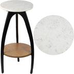 JONATHAN Y Ollie 24.5" Modern 2-Tier Round Drink Table, White Faux Marble Top and Black Metal Arch Legs, Small Pedestal Side Table with Wood Shelf for Living Room, Martini Cocktail Accent END3001A