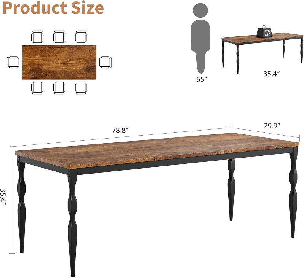 Garvee 79-Inch Modern Farmhouse Dining Table, Large Rectangular Kitchen Table for 6-8 People, Sturdy Wood Top with Unique Legs, Scratch-Resistant Dining Room Furniture for Party, Big Family, Brown