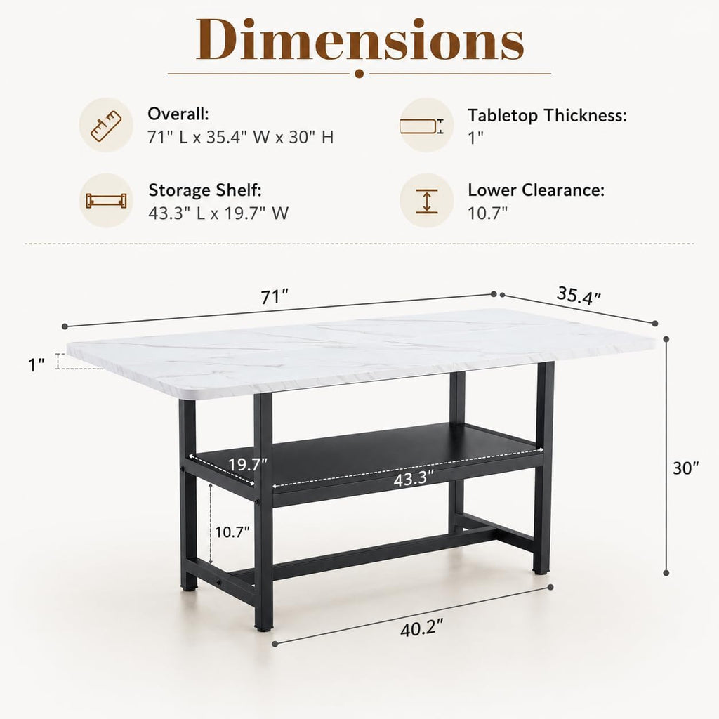 Dining Table for 6, 71" Rectangle Kitchen Table with Storage Shelf, Dinner Table Full White Faux Marble Top & Black Metal Frame for Dining Room Home Office – White