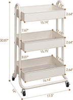 MIOCASA 3-Tier Metal Utility Rolling Cart, Heavy Duty Multifunction Cart with Lockable Casters, Easy to Assemble, Suitable for Office, Bathroom, Kitchen, Garden