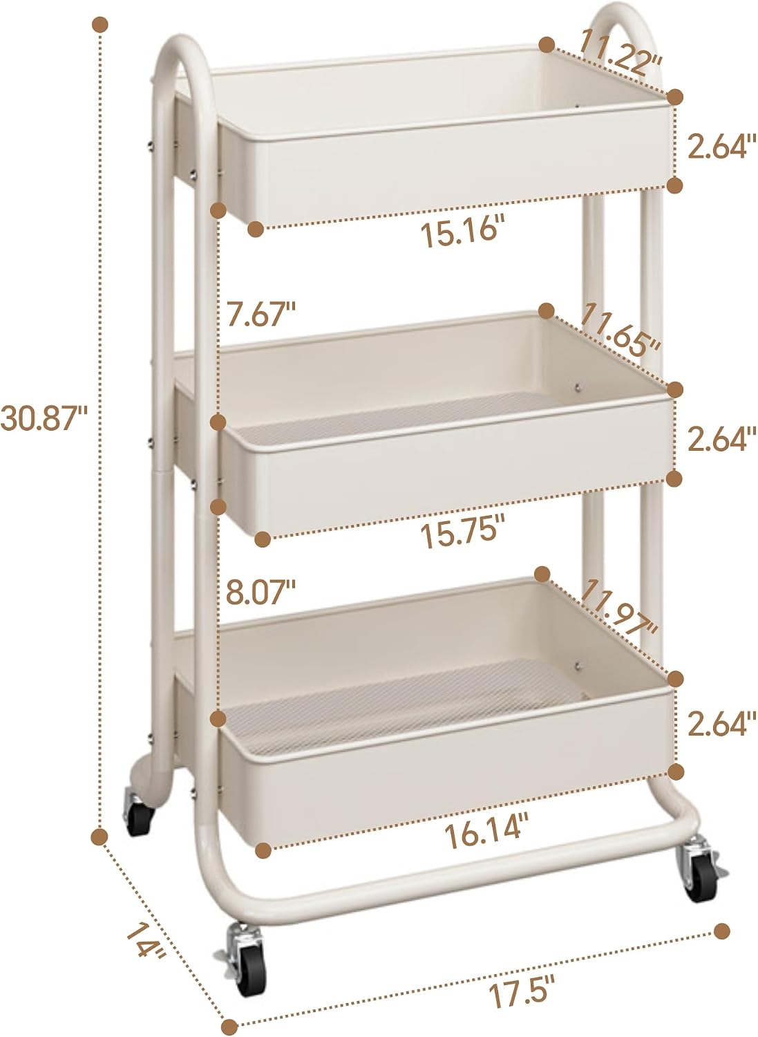 MIOCASA 3-Tier Metal Utility Rolling Cart, Heavy Duty Multifunction Cart with Lockable Casters, Easy to Assemble, Suitable for Office, Bathroom, Kitchen, Garden