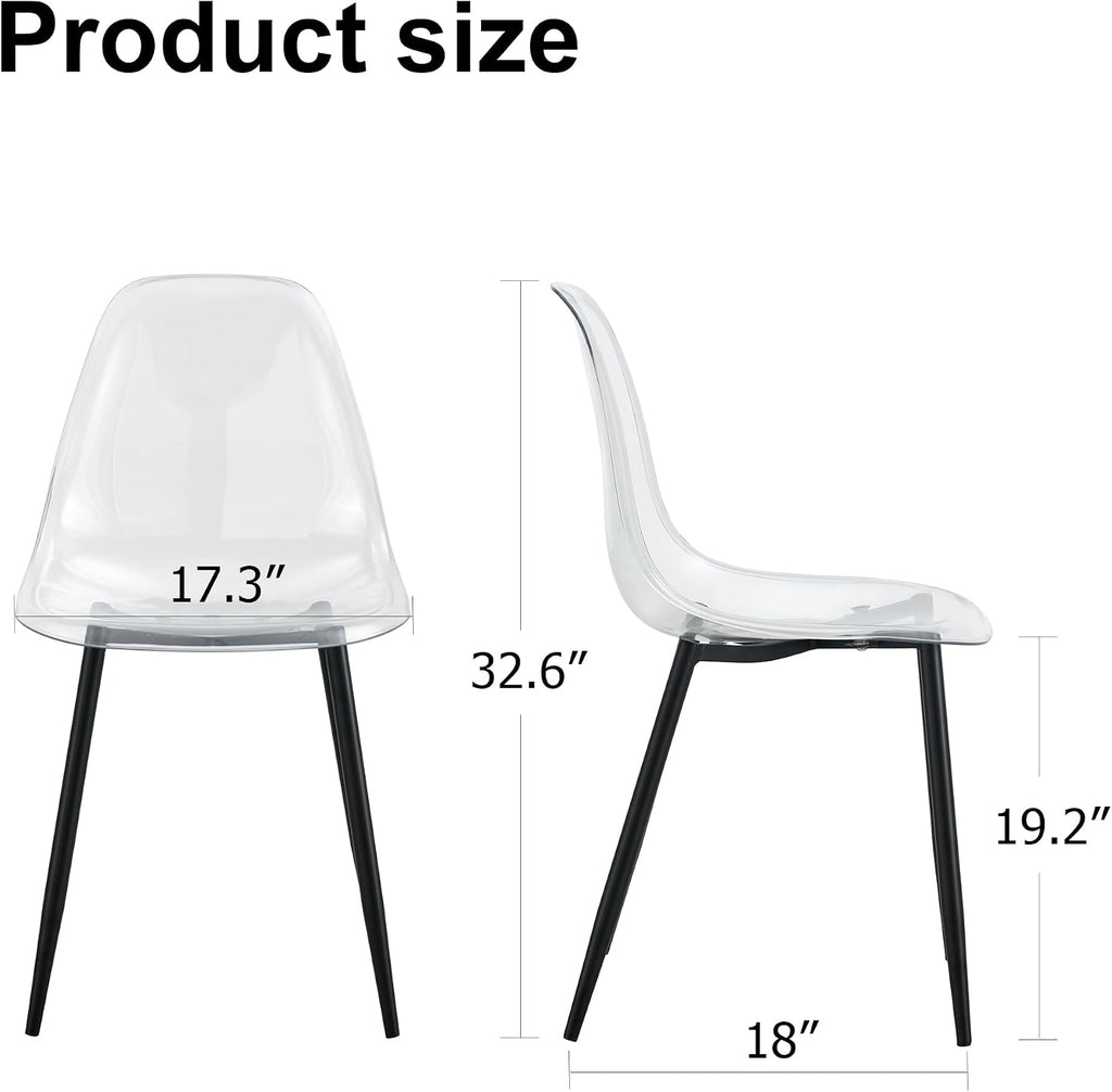JUFU Acrylic Dining Chairs Set of 4, Modern Clear Chairs with Transparent Seat, Ergonomic Acrylic Side Chairs with Black Metal Legs for Dining Room, Kitchen, Living Room