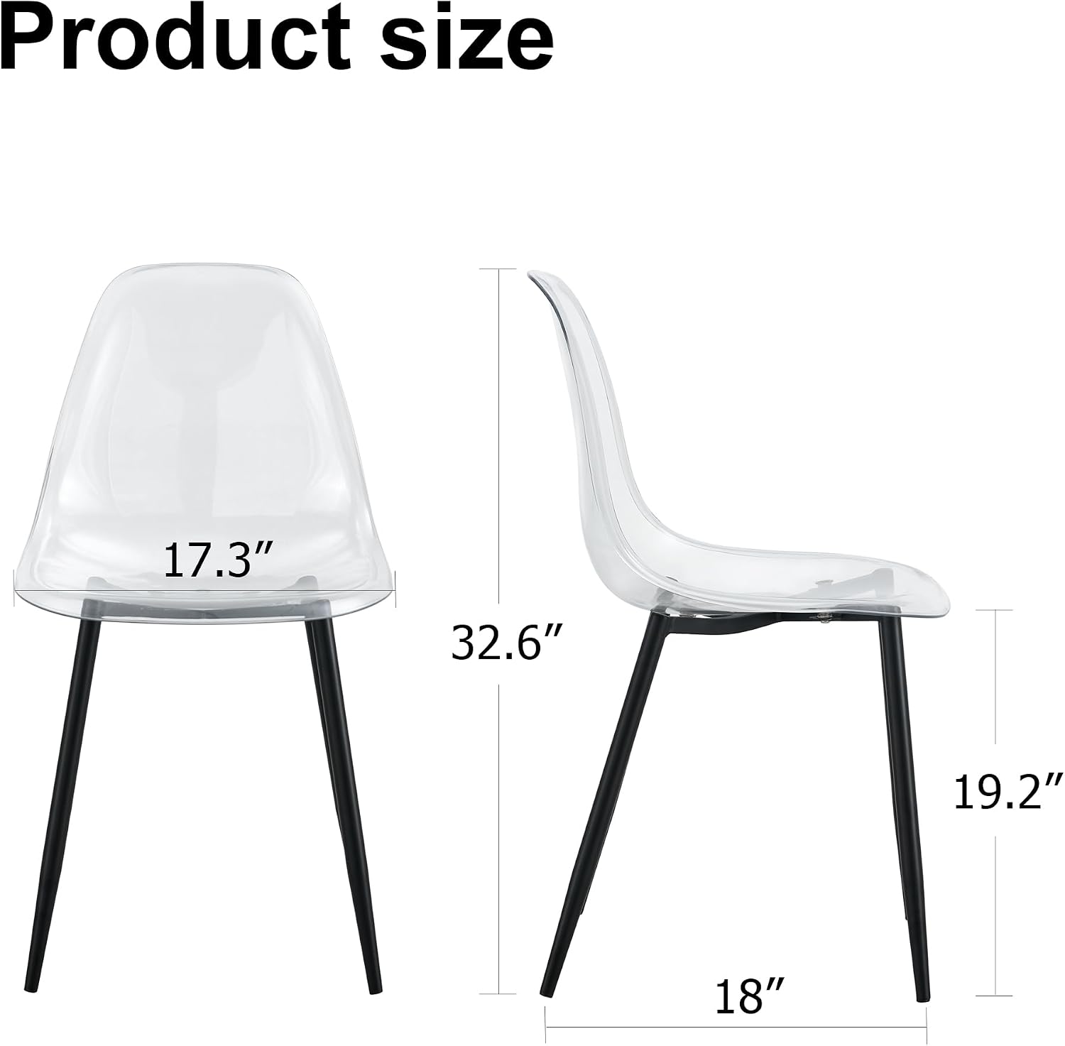 JUFU Acrylic Dining Chairs Set of 4, Modern Clear Chairs with Transparent Seat, Ergonomic Acrylic Side Chairs with Black Metal Legs for Dining Room, Kitchen, Living Room