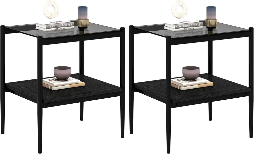 Glass end Table Set of 2,Living Room Glass Side Table,Glass Bedside Table,Suitable for Living Room, Bedroom