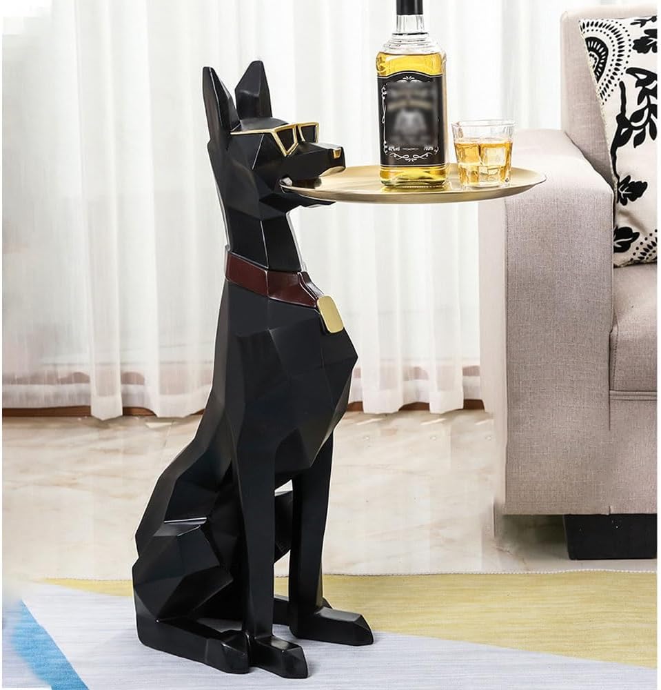 Modern Resin Doberman Sculpture Side Table with Metal Serving Tray, Corner Table with Storage, Decorative Dog End Table for Living Room, Office, Home Decor(Black)