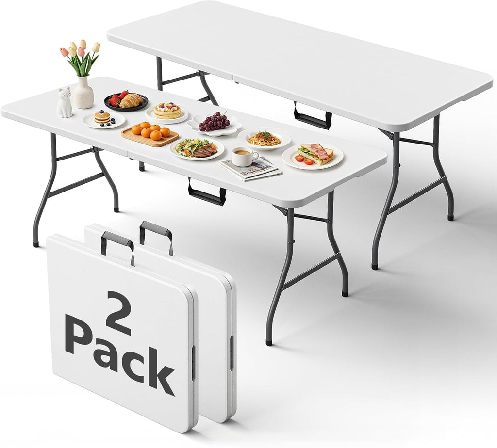 Folding Table 2 Pack, 6FT Folding Table Portable with Built-in Handle, Heavy Duty Plastic Table with Steel Legs Supports to 300lbs, Suitable for Party, Camping, Events Indoor&Outdoor Use, White