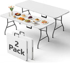 Folding Table 2 Pack, 6FT Folding Table Portable with Built-in Handle, Heavy Duty Plastic Table with Steel Legs Supports to 300lbs, Suitable for Party, Camping, Events Indoor&Outdoor Use, White
