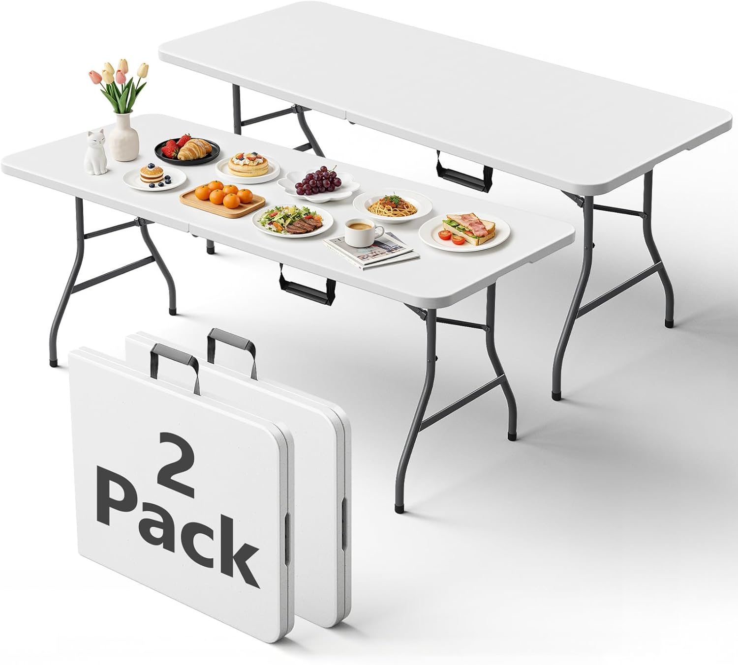 Folding Table 2 Pack, 6FT Folding Table Portable with Built-in Handle, Heavy Duty Plastic Table with Steel Legs Supports to 300lbs, Suitable for Party, Camping, Events Indoor&Outdoor Use, White